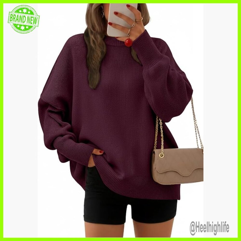 Oversized Crewneck Pullover Sweater Batwing Sleeves Loose Fit Acrylic Blend